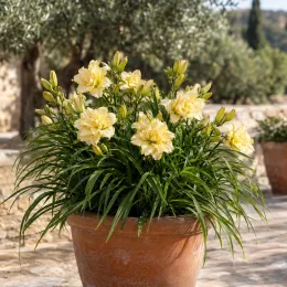 Hémérocalle 'Tommie lee joiner' (Hemerocallis) — fleurs jaunes doubles en pot sur terrasse