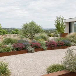 Sauge arbustive rose foncé 'Hot pink' (Salvia greggi) — massif fleuri coloré dans jardin minéral contemporain · Photo d'illustration
