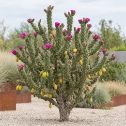 Cactée (Cylindropuntia imbricata) — arbuste succulent épineux avec fleurs roses et fruits jaunes · Photo d'illustration