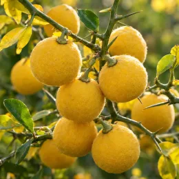 Orange trifoliée 'Rubidoux' (Poncirus trifoliata) — gros plan sur fruits ronds jaunes duveteux · Photo d'illustration