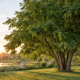 Noyer du caucase (Pterocarya fraxinifolia) — grand arbre au feuillage dense près d'un lac · Photo d'illustration