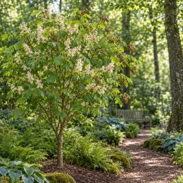 Xanthoceras (Xanthoceras sorbifolia) — petit arbre fleuri au bord d’un sentier forestier · Photo d'illustration