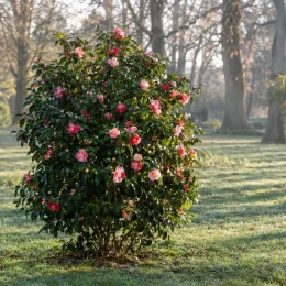 Camélia (Camellia sinensis) — arbuste fleuri isolé sur pelouse au parc · Photo d'illustration