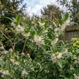 Sarcococca 'Winter gem' (Sarcococca hookeriana) — arbuste au feuillage vert et petites fleurs blanches