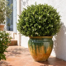 Chèvrefeuille boule à feuilles de buis 'Panmin' (Lonicera nitida) — arbuste boule dense en grand pot vernissé · Photo d'illustration