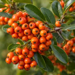 Buisson ardent orange 'Orange glow' (Pyracantha coccinea) — grappes de baies orange vives et feuillage vert · Photo d'illustration