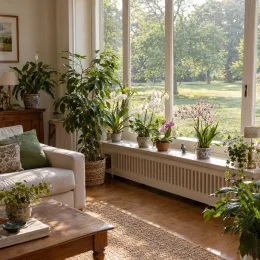 Orchidée 'Petit pierre' (Miltassia) — plantes d'intérieur en pots près d'une grande fenêtre · Photo d'illustration
