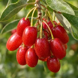 Goumi du japon à baies rouges (Eleagnus multiflora) — grappe de petits fruits rouges ovales brillants · Photo d'illustration