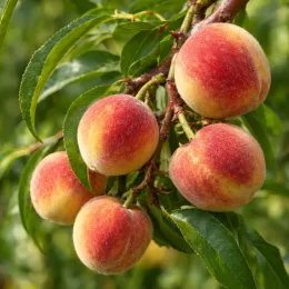 Pêcher franc 'Missour' (Prunus persica) — groupe de fruits ronds velus parmi les feuilles · Photo d'illustration
