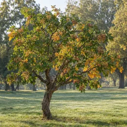 Pistachier vrai 'Larnaka' (Pistacia vera) — arbre isolé avec grappes de fruits colorés · Photo d'illustration