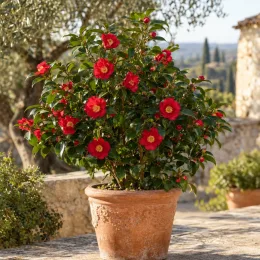 Camélia d'automne 'Yuletide rouge' (Camellia sasanqua) — arbuste fleuri rouge en pot sur terrasse ensoleillée
