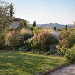 Lilas des indes 'Camaieu d ete r' (Lagerstroemia indica) — massif fleuri avec arbustes colorés et graminées