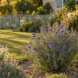 Caryopteris mongholica — arbuste fleuri au premier plan d'un jardin · Photo d'illustration
