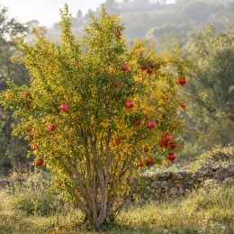 Grenadier à fruit 'Teheran' (Punica granatum) — arbuste fruitier isolé avec fruits ronds rouges · Photo d'illustration