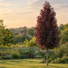 Érable plane 'Crimson sentry' (Acer platanoides) — arbre élancé au feuillage pourpre dans un jardin