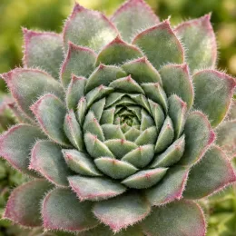 Joubarbe sugar shimmer 'Chick charms sugar shimmer' (Sempervivum) — rosette succulente compacte aux feuilles duveteuses bordées de rose · Photo d'illustration