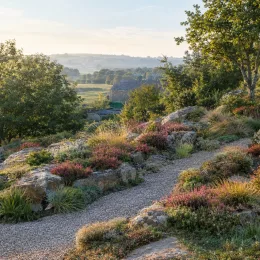Bruyère commune 'Wickwar flame rose' (Calluna vulgaris) — massif de plantes colorées le long d’un sentier
