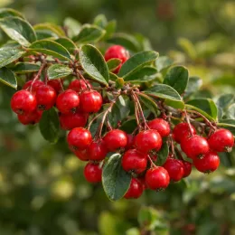 Cotoneaster rampant 'Green carpet' (Cotoneaster dammeri) — rameau couvert de baies rouges et feuilles vertes · Photo d'illustration