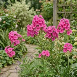 Phlox 'Queen paola' — touffe de fleurs roses dans massif de jardin