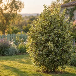 Alaterne panaché 'Argenteovariegata' (Rhamnus alaternus) — arbuste dense au feuillage panaché dans un jardin · Photo d'illustration