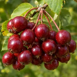 Sorbier hybride 'Granatnaja' (Sorbus × crataegosorbus) — grappe de petits fruits rouges brillants · Photo d'illustration