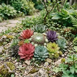 Joubarbe 'Chick charms®' (Sempervivum) — rosettes succulentes multicolores dans une rocaille de jardin