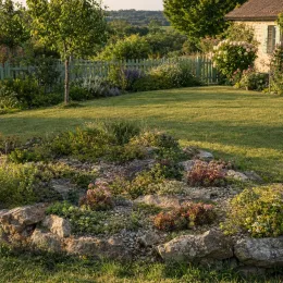 Joubarbe rouge foncée 'Giants emerald explosion' (Sempervivum) — massif de rocaille fleuri au milieu du jardin
