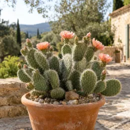 Figuier de barbarie 'Mug 119' (Opuntia hystricina) — cactus en pot avec fleurs roses en extérieur