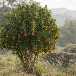 Arbousier ou arbre aux fraises 'Two' (Arbutus unedo) — arbuste fruitier touffu dans un paysage naturel · Photo d'illustration