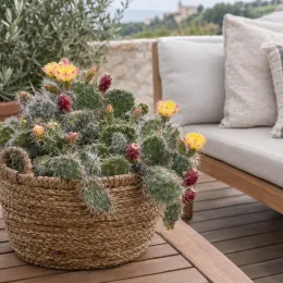 Cactée 'Trichophora' (Opuntia polyacantha) — cactus épineux en fleurs dans panier tressé · Photo d'illustration