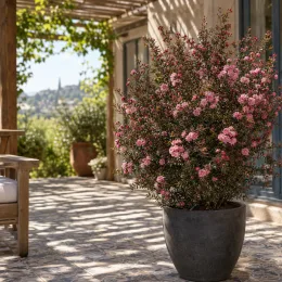 L’arbre à thé 'Rose' (Leptospermum scoparium) — grand arbuste fleuri en pot sur terrasse · Photo d'illustration