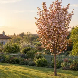 Cerisier du japon 'Sunset boulevard' (Prunus serrulata) — arbre en fleurs dans jardin au soleil couchant