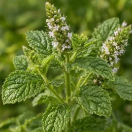 Menthe fraise 'Strawberry mint' (Mentha spicata) — épis floraux blancs sur feuillage vert gaufré · Photo d'illustration