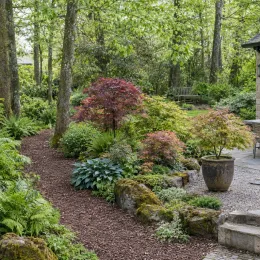 Érable du japon 'Little princess' (Acer palmatum) — massif de jardin boisé avec petit érable en pot