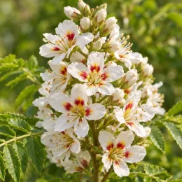 Xanthoceras (Xanthoceras sorbifolia) — grappe de fleurs blanches au cœur rouge · Photo d'illustration