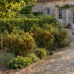 Groseillier à grappes 'Versaillaise rouge' (Ribes rubrum) — buissons fruitiers rouges le long d’une allée pavée · Photo d'illustration
