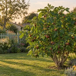 Figuier 'Bomholm's diamant' (Ficus carica) — arbuste fruitier isolé chargé de figues mûres · Photo d'illustration