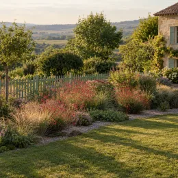 Gaura rose 'Siskiyou red' (Gaura lindheimeri) — massif fleuri devant maison de campagne · Photo d'illustration