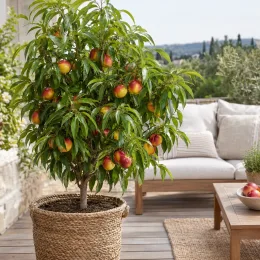 Brugnon nain rubis 'Necta zee' (Prunus persica) — arbre fruitier en pot tressé sur terrasse · Photo d'illustration