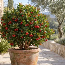 Arbousier ou arbre aux fraises nain 'Hannie' (Arbutus unedo) — arbuste touffu en pot avec fruits rouges · Photo d'illustration