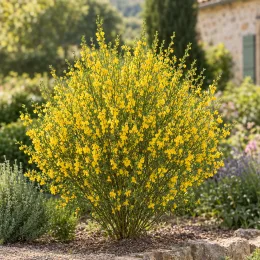 Genêt 'Burkwoodii' (Cytisus) — arbuste arrondi couvert de petites fleurs jaunes vives · Photo d'illustration