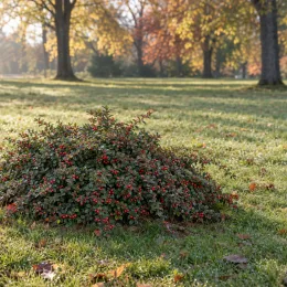 Cotoneaster rampant 'Green carpet' (Cotoneaster dammeri) — arbuste bas couvert de petites baies rouges · Photo d'illustration