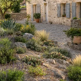 Cactée 'Trichophora' (Opuntia polyacantha) — massif sec de graviers et rocailles méditerranéennes devant maison · Photo d'illustration