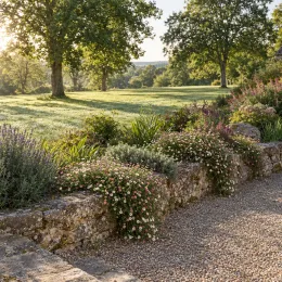 Erigeron 'Profusion' (Erigeron karvinskianus) — massif fleuri retombant sur muret en pierre · Photo d'illustration