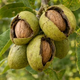 Noyer cendré (Juglans cinerea) — fruits mûrs fissurés sur branche, gros plan · Photo d'illustration