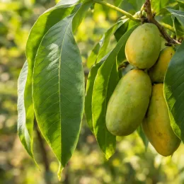 Asiminier sweet virginia 'Sweet virginia' (Asimina triloba) — gros fruits ovales verts parmi de grandes feuilles · Photo d'illustration