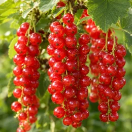 Groseillier à grappes rouges 'Monthou sur cher' (Ribes rubrum) — grappes serrées de petits fruits rouges brillants · Photo d'illustration