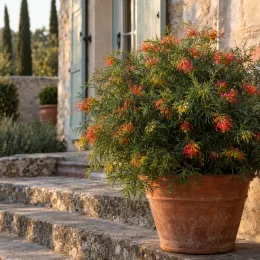Grévilléa 'Joe mason' (Grevillea) — arbuste fleuri en pot sur marches en pierre