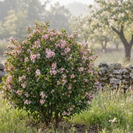 Escallonia 'Apple blossom' — arbuste arrondi couvert de petites fleurs roses · Photo d'illustration
