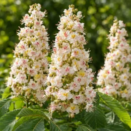 Marronnier (Aesculus hippocastanum) — grappes coniques de petites fleurs pâles